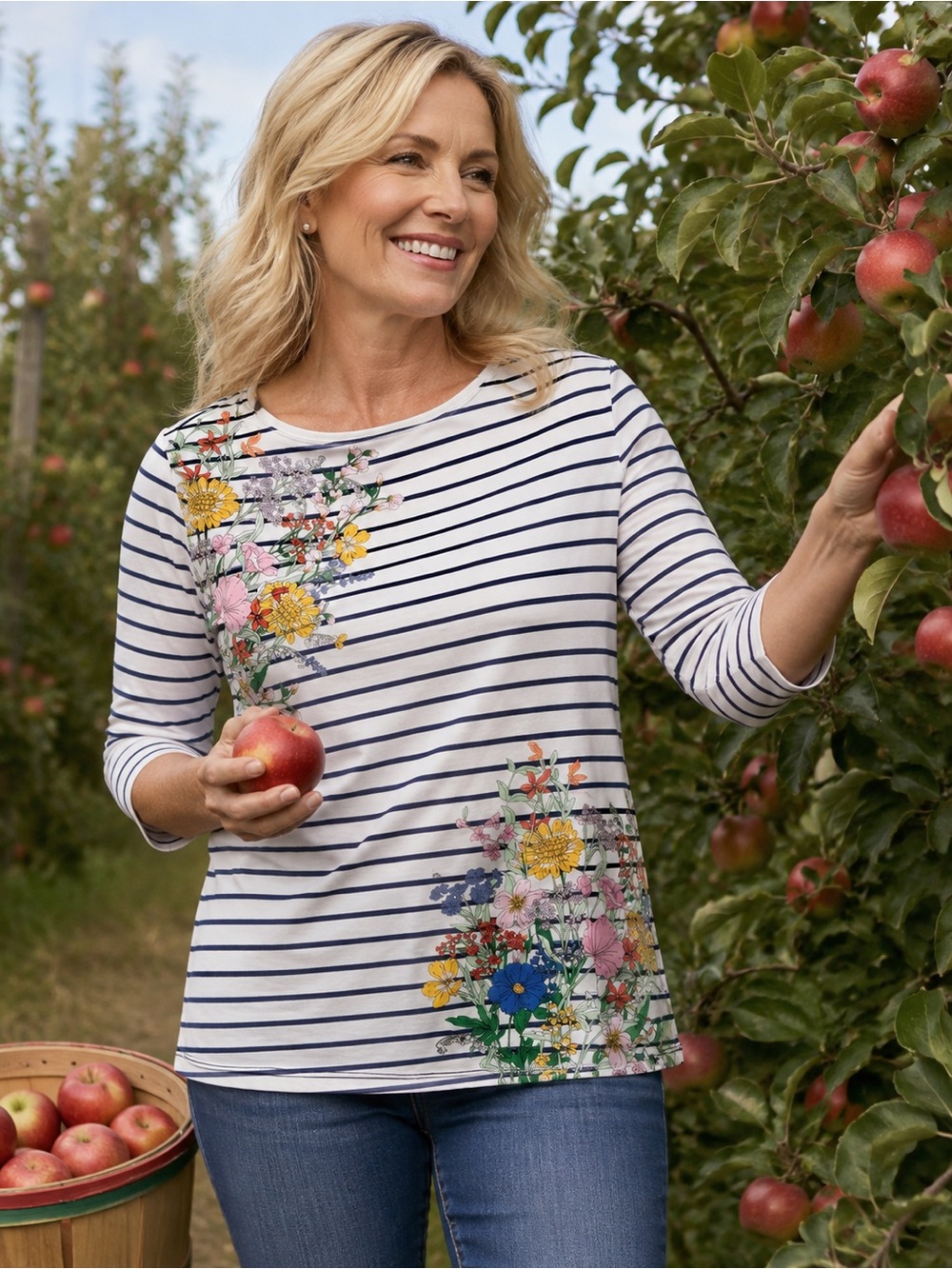 Talbots White Navy Striped Floral Scoop Neck Long Sleeve Top